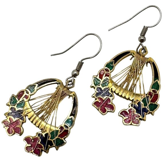 Vintage Cloisonne Gold Tone Floral Wreath Wired Pendant Earrings 2" X 1.25" - Picture 2 of 6